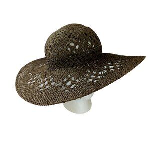 August Straw Hat Paper Sun Wide Brim Brown Boho Beach Adjustable Tie Strap Beach